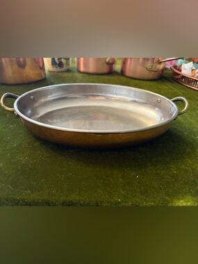 Vintage copper and Stainless Steel Oval Serving Pan with Dual Handles - Silver